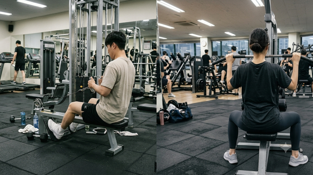 열심히 운동하고 헬스하는 사람들